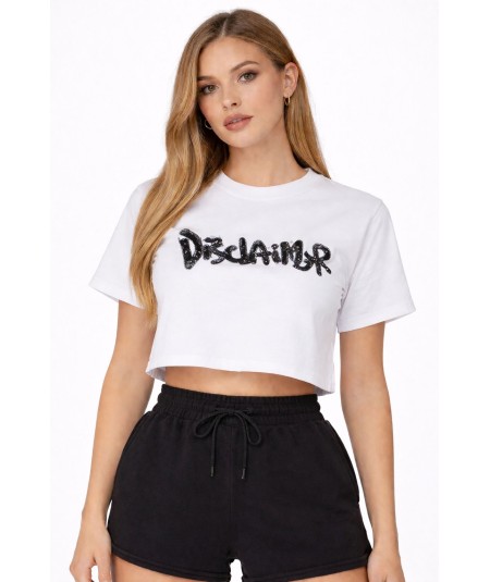 T-shirt crop bianca da donna stampa con strass - DISCLAIMER